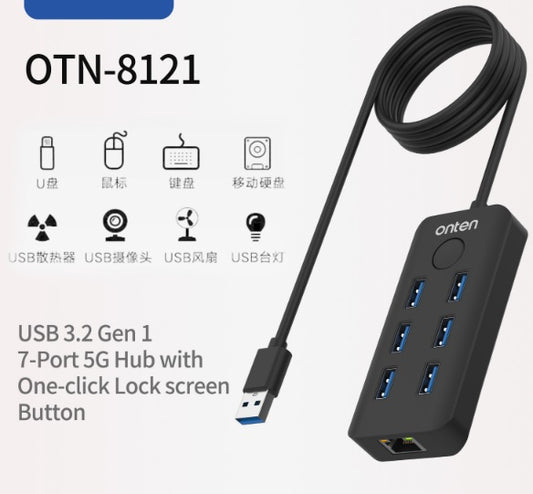 Buy Onten OTN-8121 USB 3.2 Gen 1 6-Port 5G Hub with Ethernet card and One-click Lock Screen Button from Vmart in Pakistan