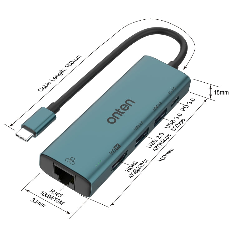 Onten UC125 5-In-1 Type-C To HDMI+USB 3.0+PD3.0 Multi-Function Hub With 100Mbps Network Card