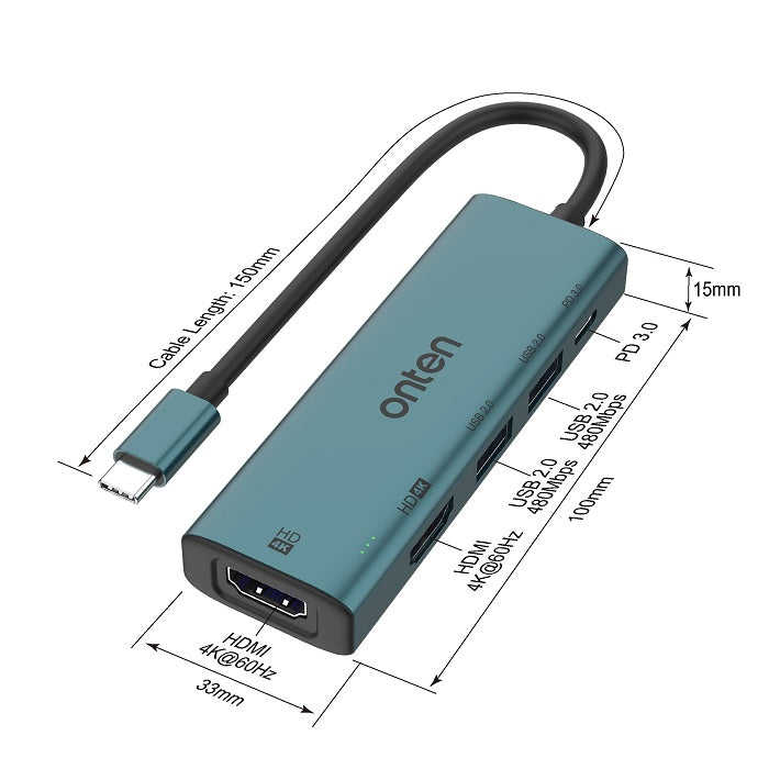 Onten UC126 USB-C to Dual HDMI Adapter with PD 3.0+USB 2 Ports Hub