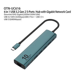 Onten UC616 6 in 1 USB 3.2 Gen 2 5-Ports 10G Hub with Gigabit Network