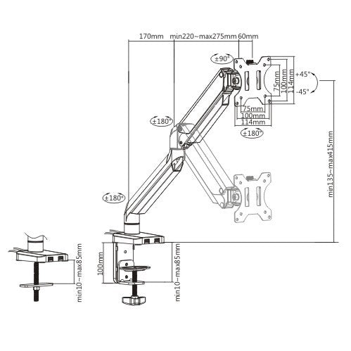 Twisted Mind Premium Single Monitor Mount, Aluminum Gas Spring Monitor Arm