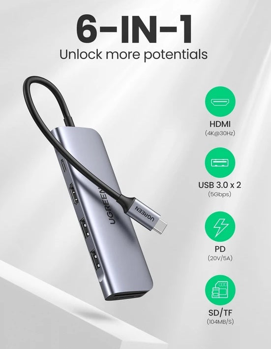 Ugreen 70411 6-in-1 USB C PD Adapter with 4K HDMI Hub