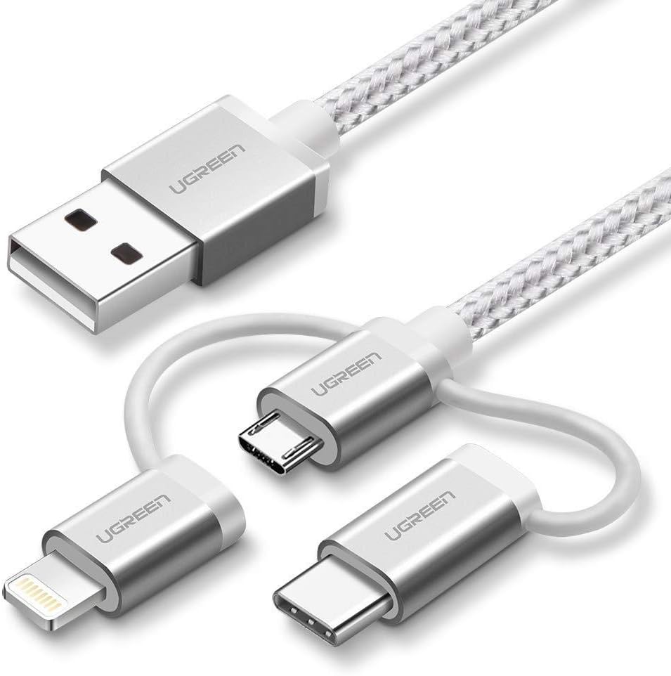 Buy Ugreen 50203 US186 3 in 1 Braided iPhone Type-C Micro USB Charging Cable Silver 1.5m from Vmart in Pakistan