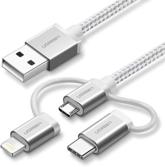 Buy Ugreen 50203 US186 3 in 1 Braided iPhone Type-C Micro USB Charging Cable Silver 1.5m from Vmart in Pakistan