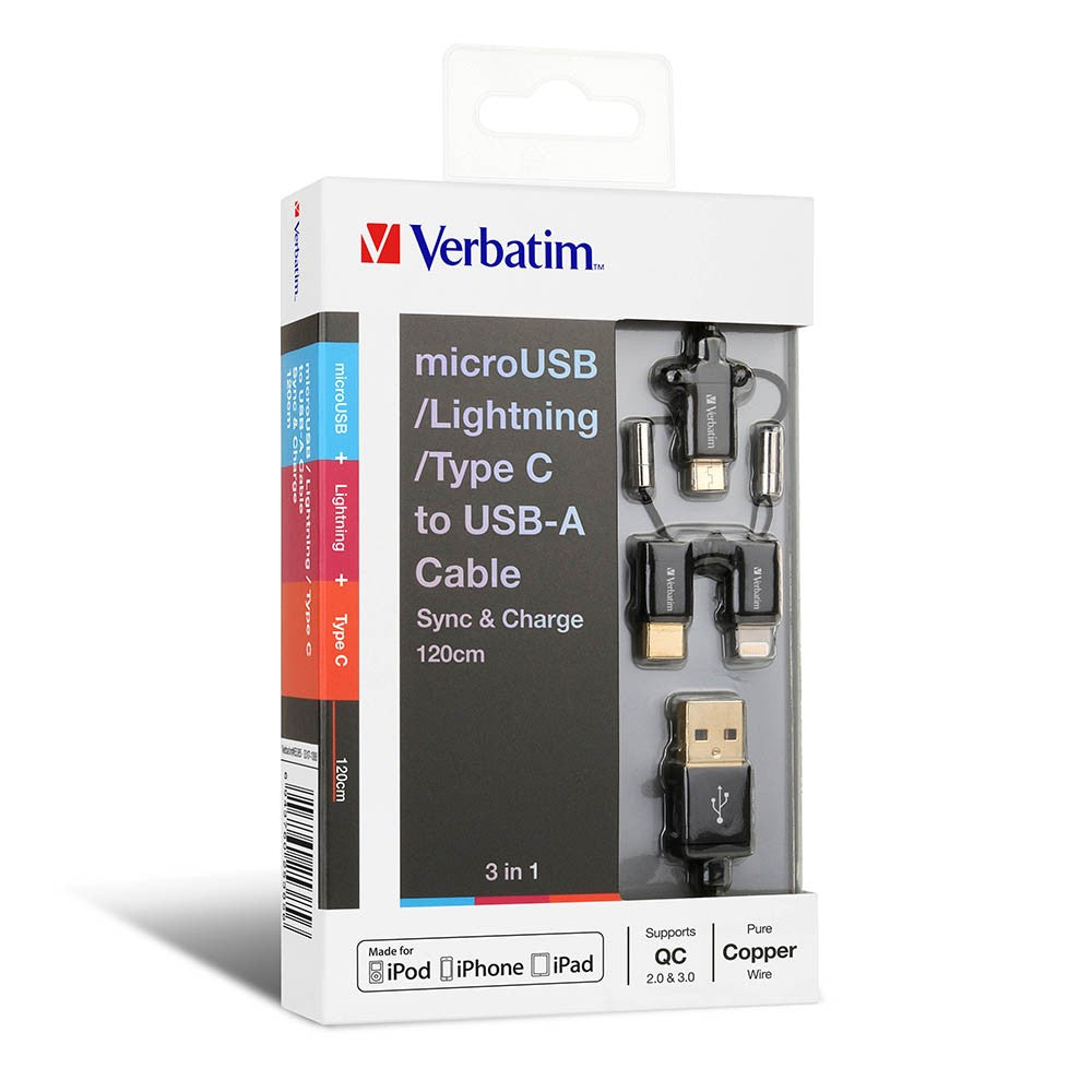 Verbatim 65385 3-in-1 microUSB / Lightning / Type C to USB-A Cable 120CM