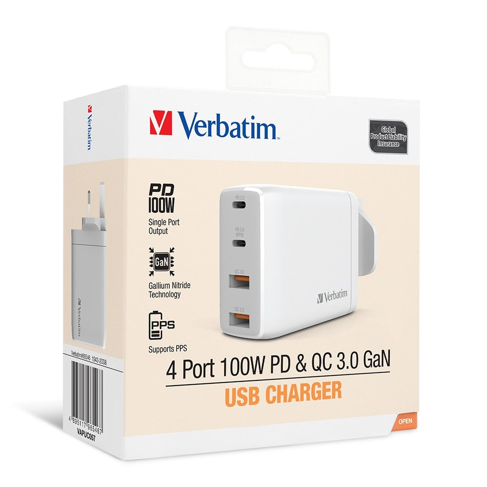 Verbatim 4 Port 100W PD 3.0 &amp; QC 3.0 GaN USB Charger - White