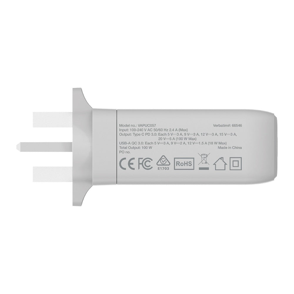 Verbatim 4 Port 100W PD 3.0 &amp; QC 3.0 GaN USB Charger - White