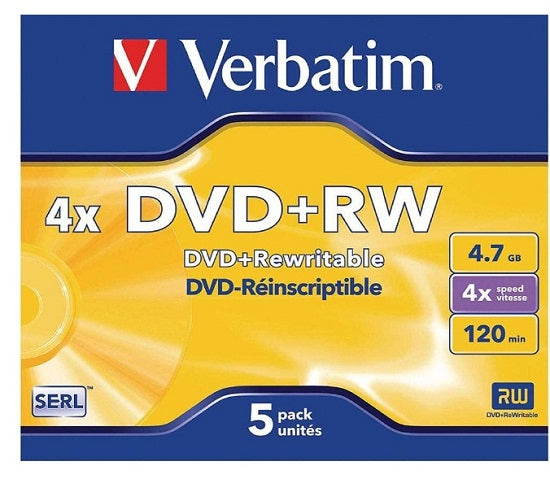 Verbatim 43229 DVD+RW 4x Disc Print Jewel Case pk5