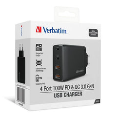 Verbatim 66545 4 Port 100W PD 3.0 &amp; QC 3.0 GaN USB Charger EU Plug Black