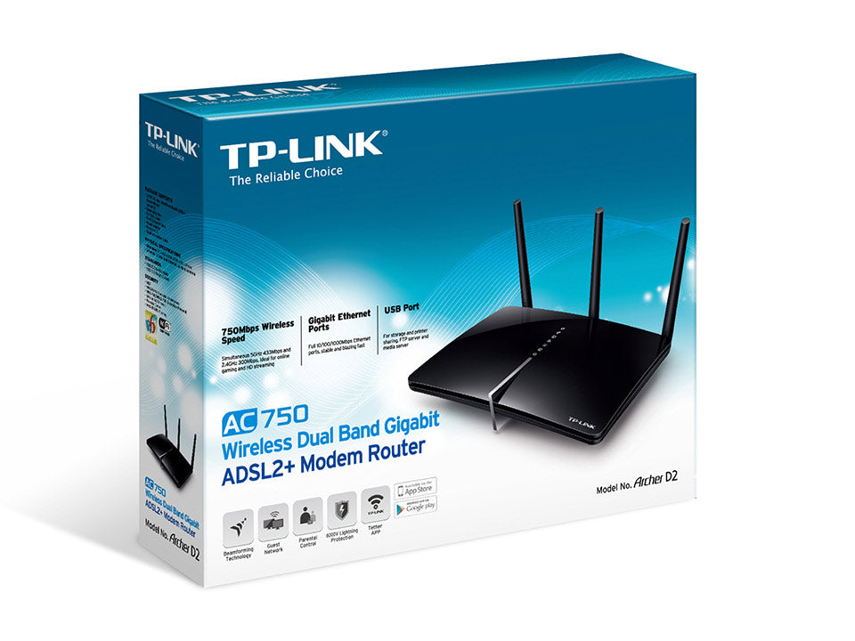 TP-Link Archer D2 AC750 Wireless Dual Band Gigabit ADSL2+ Modem Router