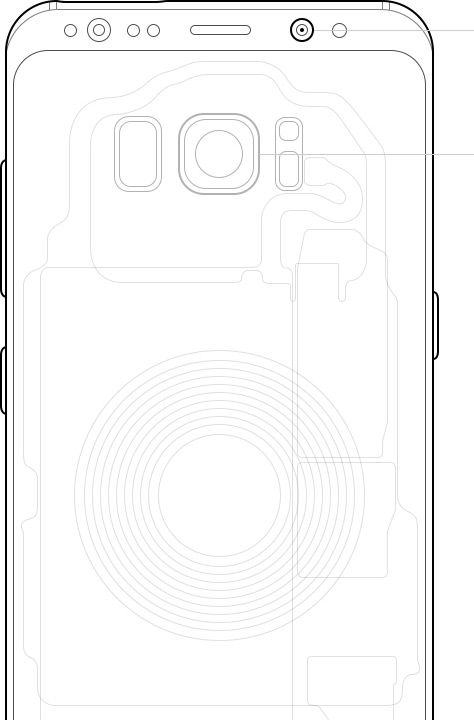 Illustrated image of Galaxy S8 showing inner components as well as the front and rear cameras