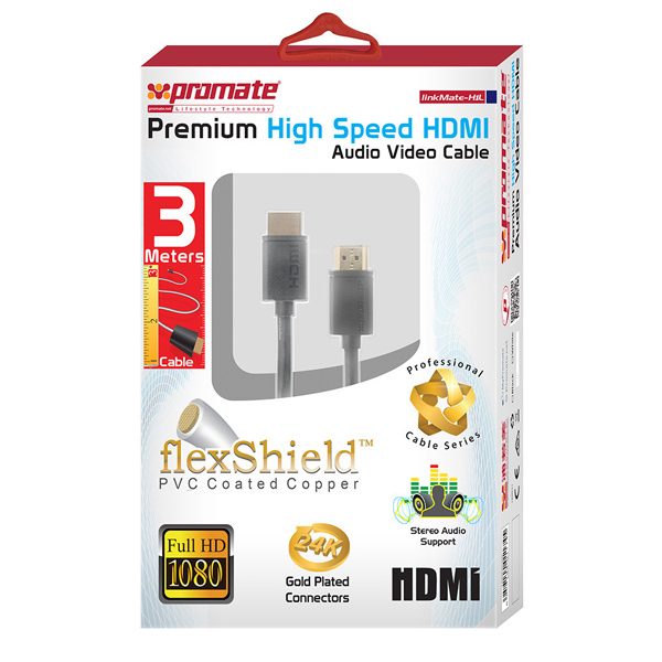 Promate LinkMate-H1L Premium 24K Gold Plated HDMI Cable, flexShield PVC coated Copper, 3Meters
