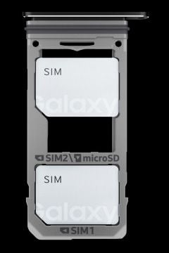 An ejected SIM tray holding two SIM cards